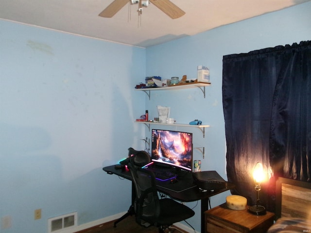 office area with ceiling fan and wood-type flooring