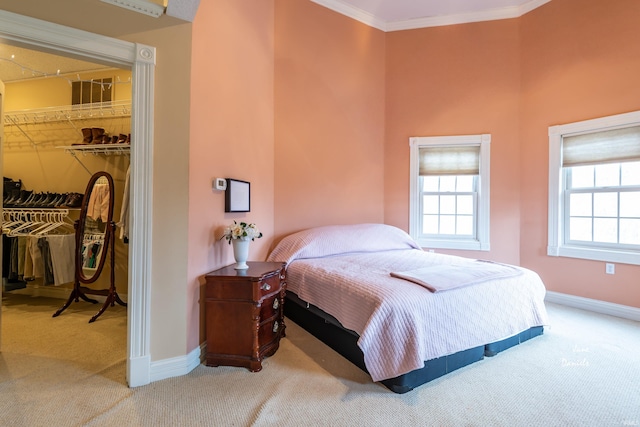 carpeted bedroom with a walk in closet, a closet, and ornamental molding