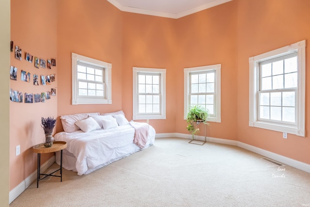 carpeted bedroom featuring a high ceiling and ornamental molding