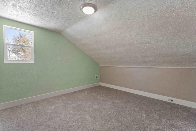 additional living space with carpet floors, a textured ceiling, and lofted ceiling