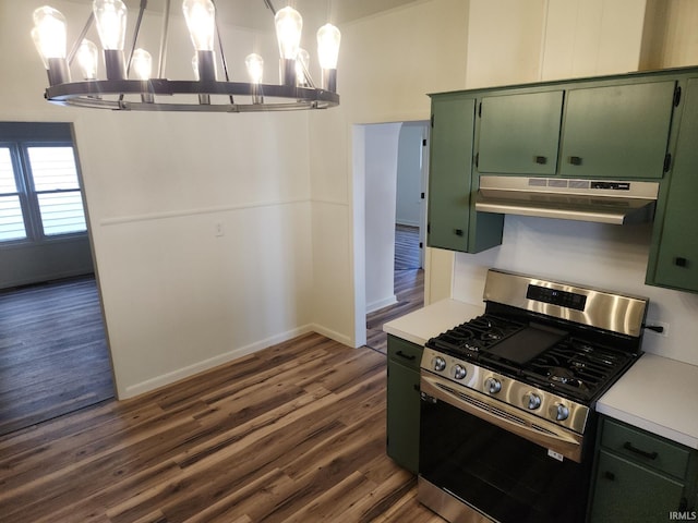 kitchen with dark hardwood / wood-style flooring, green cabinets, stainless steel range with gas stovetop, and island exhaust hood