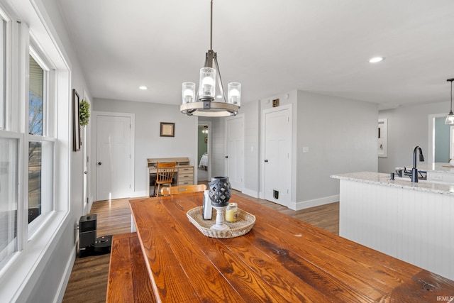 dining room featuring a wealth of natural light, dark hardwood / wood-style flooring, and sink