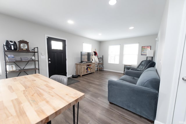 living room with dark hardwood / wood-style flooring