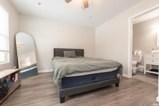 bedroom with light wood-type flooring, ceiling fan, and multiple windows