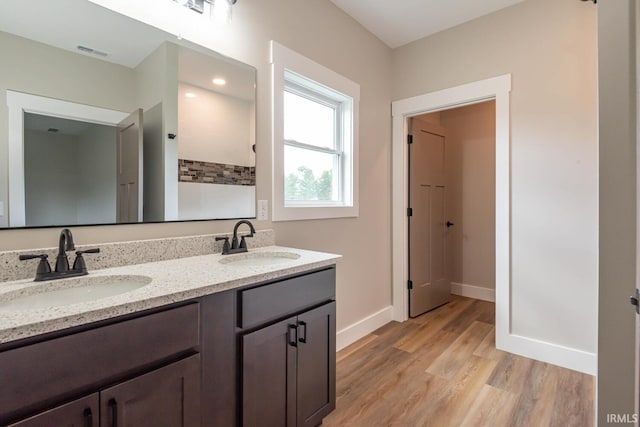 bathroom with hardwood / wood-style flooring and vanity