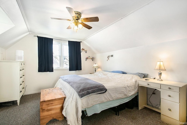 bedroom with lofted ceiling, carpet floors, and ceiling fan