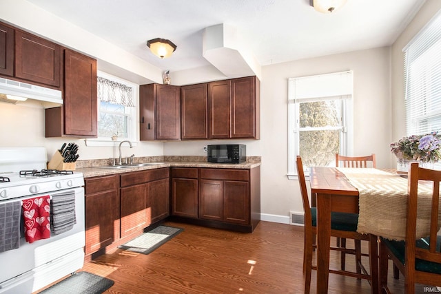 kitchen with dark wood-type flooring, white range with gas stovetop, dark brown cabinetry, and sink