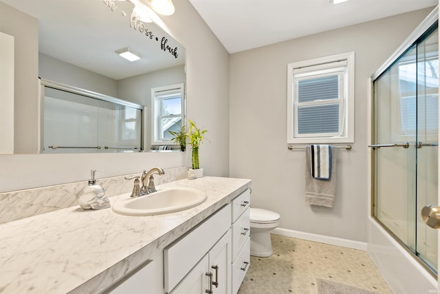 full bathroom with enclosed tub / shower combo, toilet, vanity, and tile patterned flooring