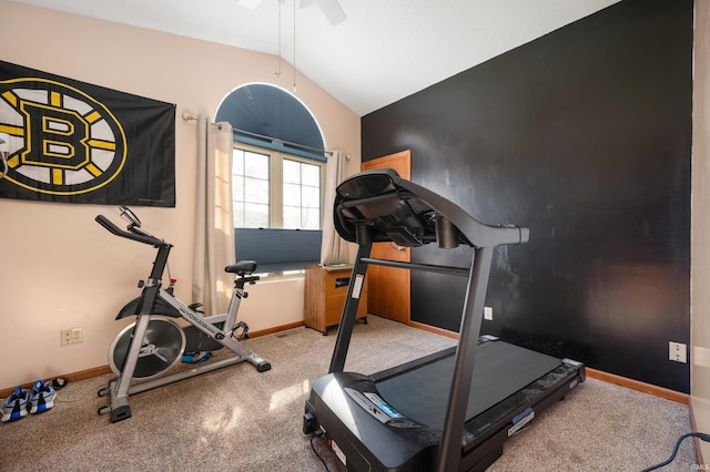 workout room with lofted ceiling