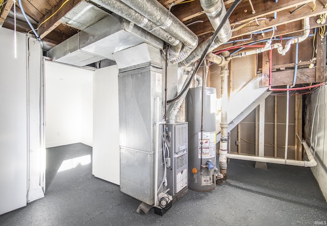 basement with heating unit and gas water heater