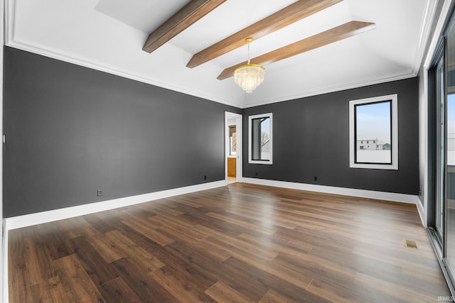 spare room with ornamental molding, an inviting chandelier, vaulted ceiling with beams, and dark hardwood / wood-style flooring