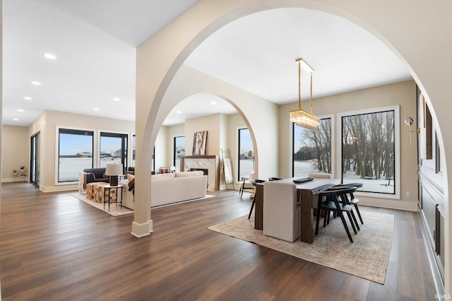 dining space with dark hardwood / wood-style floors and a high end fireplace