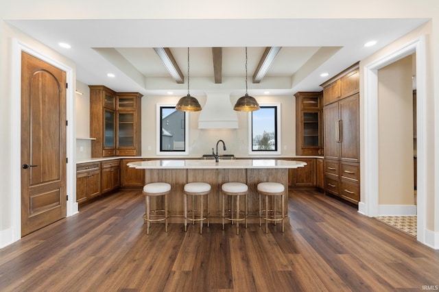 kitchen featuring premium range hood, dark hardwood / wood-style flooring, pendant lighting, and an island with sink