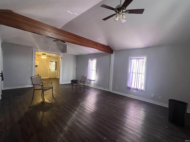 living room with ceiling fan, vaulted ceiling with beams, and dark hardwood / wood-style floors