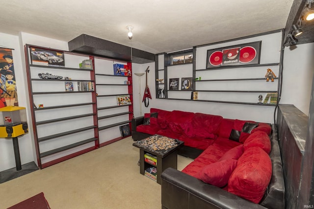 carpeted living room with a textured ceiling