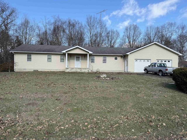 single story home with a garage and a front lawn