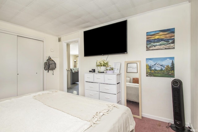 bedroom featuring carpet and a closet