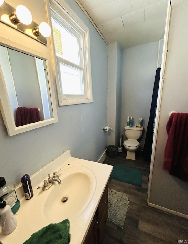 bathroom with vanity, hardwood / wood-style flooring, and toilet