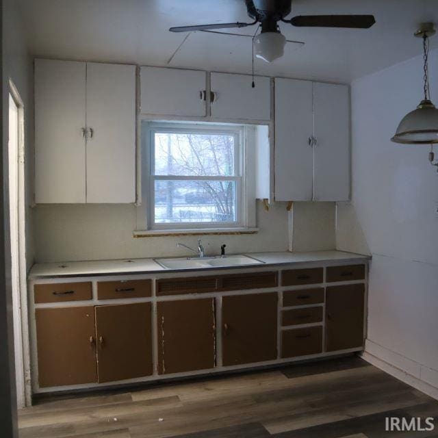 kitchen featuring white cabinetry, sink, decorative light fixtures, ceiling fan, and dark hardwood / wood-style floors