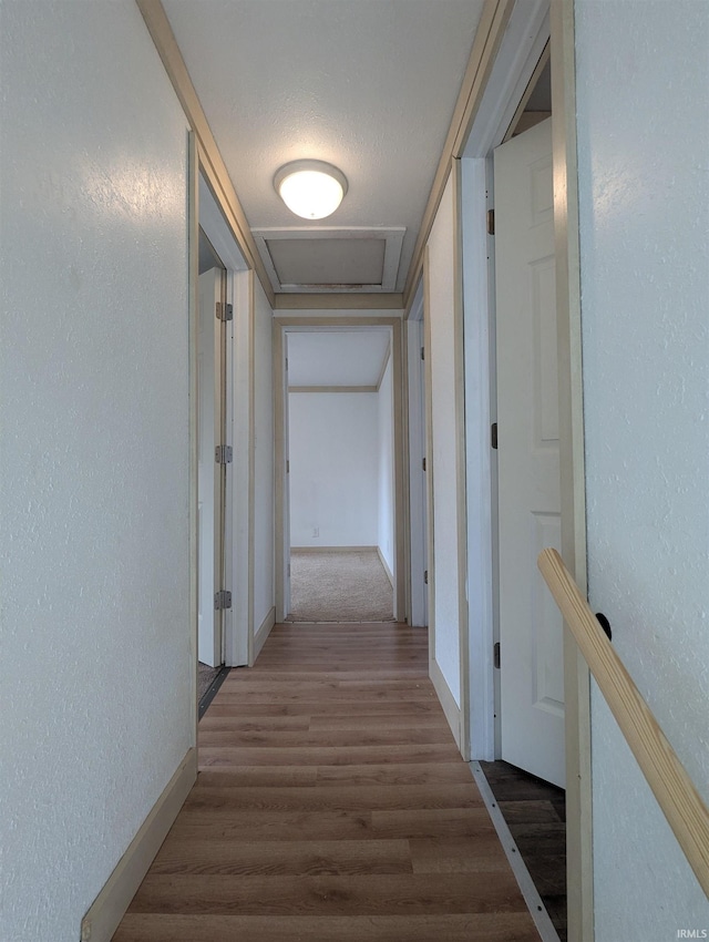 hallway with wood-type flooring and a textured ceiling