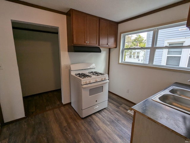 kitchen with white gas range, crown molding, dark hardwood / wood-style flooring, and sink