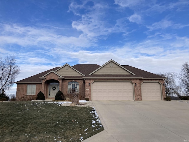 ranch-style home with concrete driveway, brick siding, a garage, and a front lawn