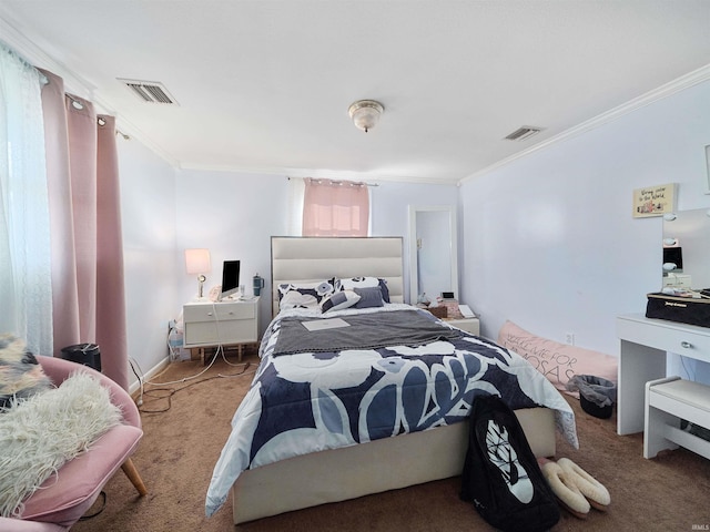 bedroom with multiple windows, carpet flooring, and ornamental molding