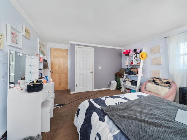 carpeted bedroom with ornamental molding