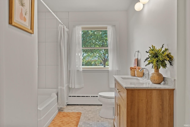 full bathroom with vanity, toilet, a baseboard heating unit, and shower / bath combo with shower curtain