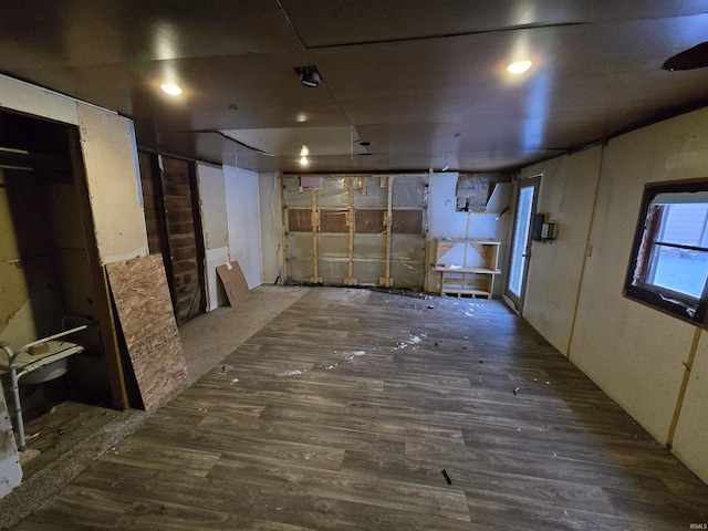 basement featuring dark wood-type flooring