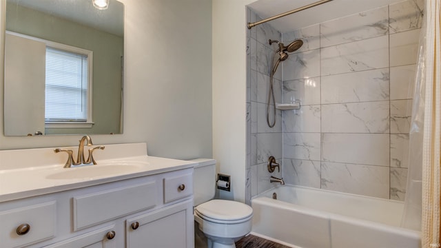 full bathroom with shower / bath combo, toilet, and vanity