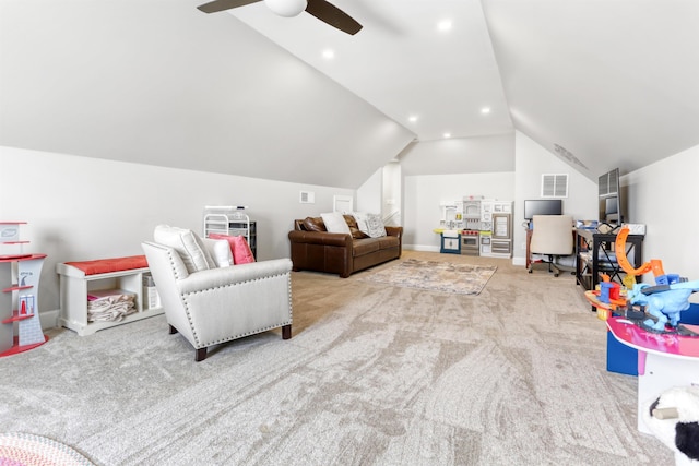 rec room featuring ceiling fan, carpet, and lofted ceiling