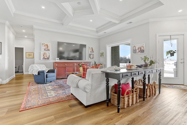 living room featuring crown molding, coffered ceiling, light hardwood / wood-style floors, and beam ceiling