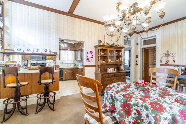 dining area featuring a notable chandelier, ornamental molding, and light carpet