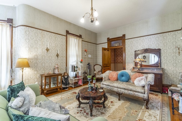 living room with a chandelier