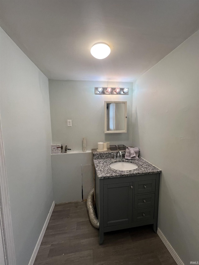 bathroom with hardwood / wood-style floors and vanity