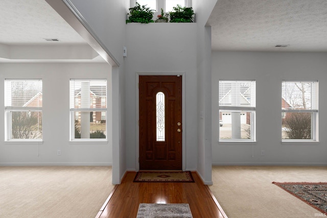 carpeted entrance foyer with a textured ceiling