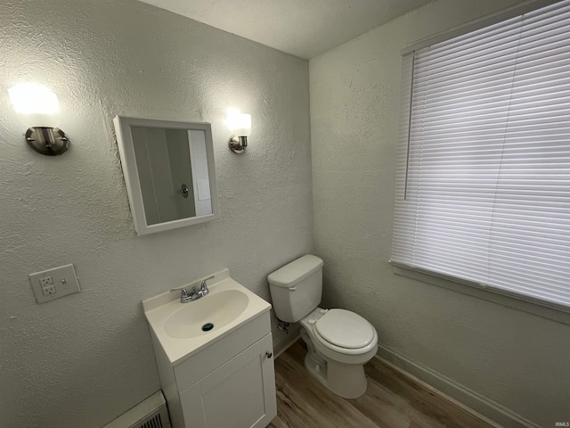 bathroom featuring wood-type flooring, toilet, and vanity