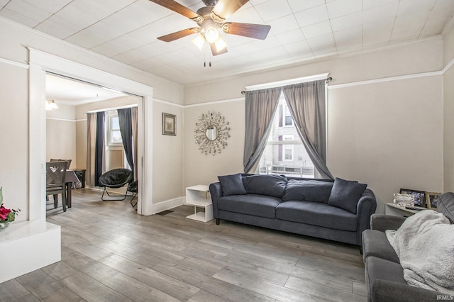 living room with wood-type flooring and ceiling fan