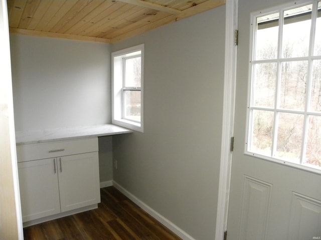 laundry area with dark hardwood / wood-style flooring, wood ceiling, and a healthy amount of sunlight