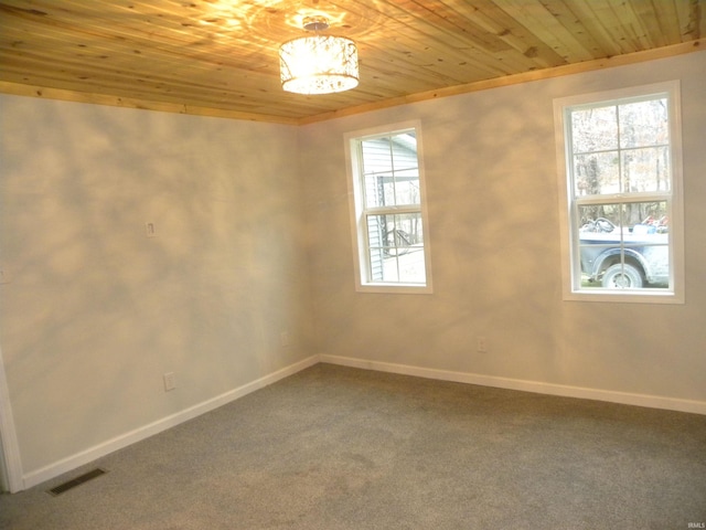 spare room with carpet and wood ceiling