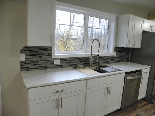 kitchen with sink, dishwasher, white cabinetry, and tasteful backsplash