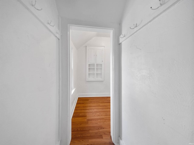 hallway with hardwood / wood-style floors and lofted ceiling