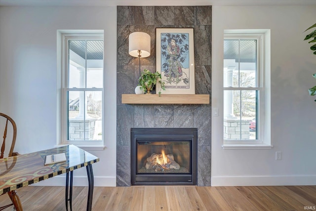 details featuring wood-type flooring and a tile fireplace