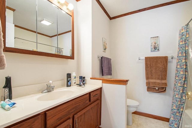 full bathroom with toilet, vanity, crown molding, and shower / tub combo with curtain