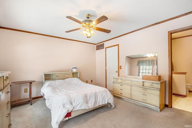 carpeted bedroom with crown molding and ceiling fan