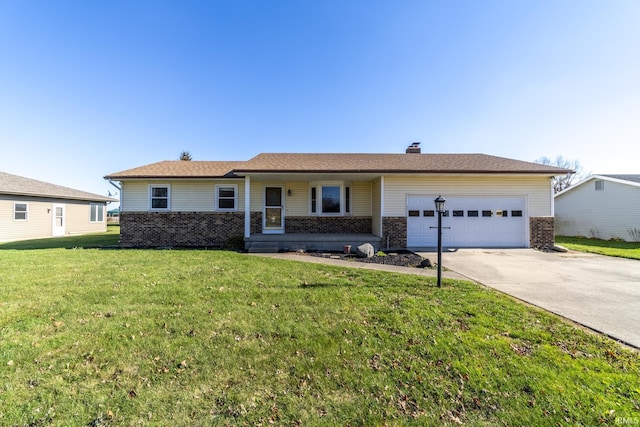 ranch-style house featuring a garage, a front yard, and a porch