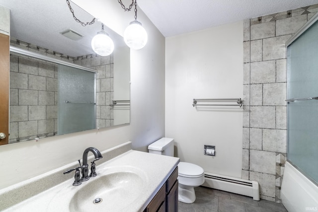 full bathroom with toilet, a textured ceiling, baseboard heating, tile patterned flooring, and vanity