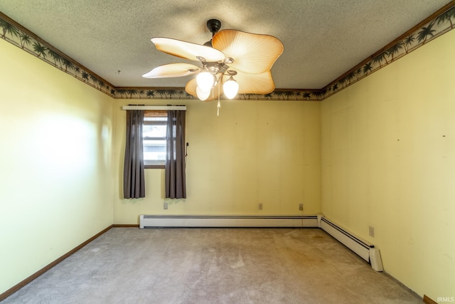 carpeted empty room featuring a baseboard radiator, a textured ceiling, and ceiling fan