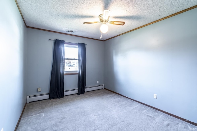 carpeted empty room featuring ceiling fan, a baseboard radiator, a textured ceiling, and ornamental molding